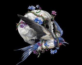 Impresión Burden - Arte Oscuro - Surrealismo Oscuro - Pintura de Acuarela - Pájaro - Impresión de Bellas Artes - Calavera - Surrealista