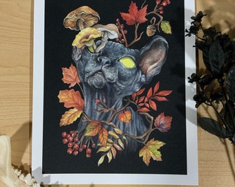 Denegar mi forma Impresión de archivo - Arte oscuro - Surrealismo oscuro - Pintura de acuarela - Sphynx - Impresión de bellas artes - Otoño- Giclee - Gato Negro
