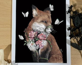 Impresión "Rebosante de amor floreciente" - Arte oscuro - Surrealismo oscuro - Acuarela - Zorro - Impresión de bellas artes - Flores - Surrealista