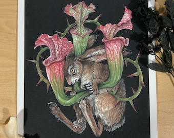Te advertí que no te acercaras a la impresión de archivo - Arte oscuro - Surrealismo oscuro - Pintura de acuarela - Conejo - Arte botánico - Impresión de bellas artes