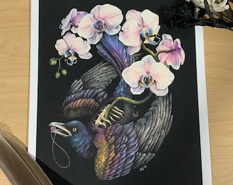 Impresión de archivo de lujo salvaje - Arte oscuro - Surrealismo oscuro - Pintura de acuarela - Arte de aves - Orquídeas - Impresión de bellas artes - Giclee