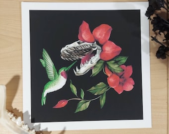 Opuestos Impresión de archivo - Pintura de acuarela - Arte del colibrí - Impresión de bellas artes - Pintura de flores - Arte floral - Surrealismo oscuro