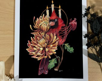 Impresión de Corazones Eternos - Arte Oscuro - Surrealismo Oscuro - Pintura de Acuarela - Cardenal - Impresión de Bellas Artes - Flores - Surrealista