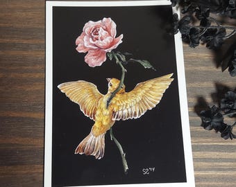 Cambios Impresión - Arte de aves - Arte oscuro - Surrealismo oscuro - Acuarela - Impresión de bellas artes - Canario - Arte floral