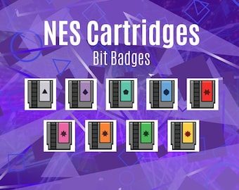 May include: An image featuring eight NES cartridge bit badges with various geometric shapes and colors. The cartridges are gray with different colored labels, including purple, green, blue, red, pink, orange, and yellow. The text "NES Cartridges Bit Badges" is displayed in white.