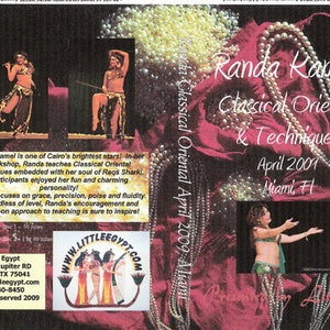 May include: A flyer for a belly dance workshop with Randa Kamel, a Cairo-based belly dancer. The flyer features a red background with a pearl necklace and the text "Randa Kamel Classical Oriental & Techniques April 2001 Miami, FL".