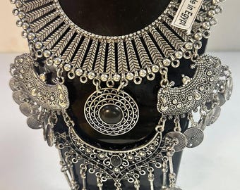 Egyptian (Tribal style) Brass Silver Plated Necklace  22'' L Adjustable  Made in Egypt