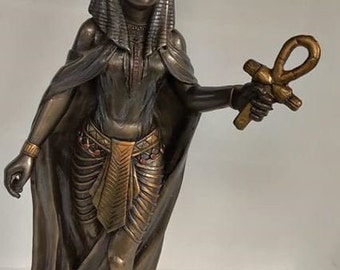 Incroyable unique statue égyptienne en bronze déesse Hathor peinte à la main 11'' H