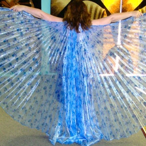 May include: A pair of blue and white sheer fabric wings with a floral pattern. The wings are pleated and have a shimmery finish.