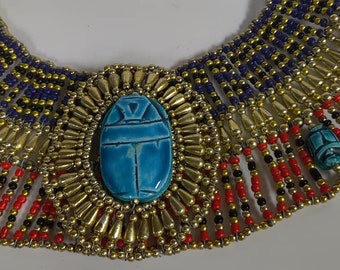 Unique Egyptian Hand Made Beaded Queen Cleopatra Scarab Necklace Made in Egypt