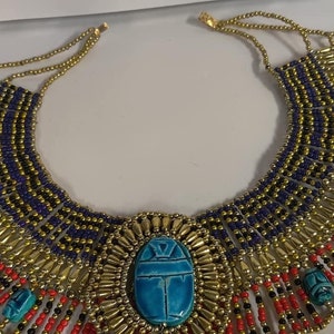 Unique Egyptian Hand Made Beaded Queen Cleopatra Scarab Necklace Made in Egypt