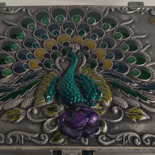 Large vintage antique  Pewter Peacock Jewelry Box Mad in Egypt " Collectible"