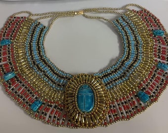 Unique Egyptian Hand Made Beaded Queen Cleopatra Scarab Necklace Made in Egypt