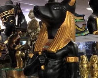 エジプト製、金箔装飾が施されたユニークな大型アヌビス神像