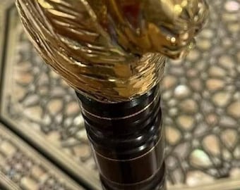 Unique Egyptian Brass  Goddess Sekhmet  Walking  Cane stick Hand Carved and  Hand Made  Natural  Abanus wood Made In Egypt L 39'' .