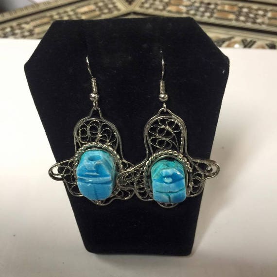 Vintage  Egyptian Scarab  Silver Plated  Earring … - image 3