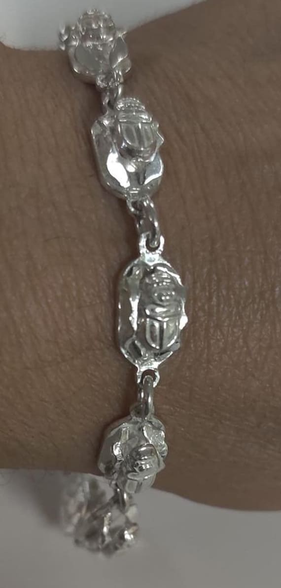Unique Solid  Silver Egyptian Scarab  Bracelet St… - image 1