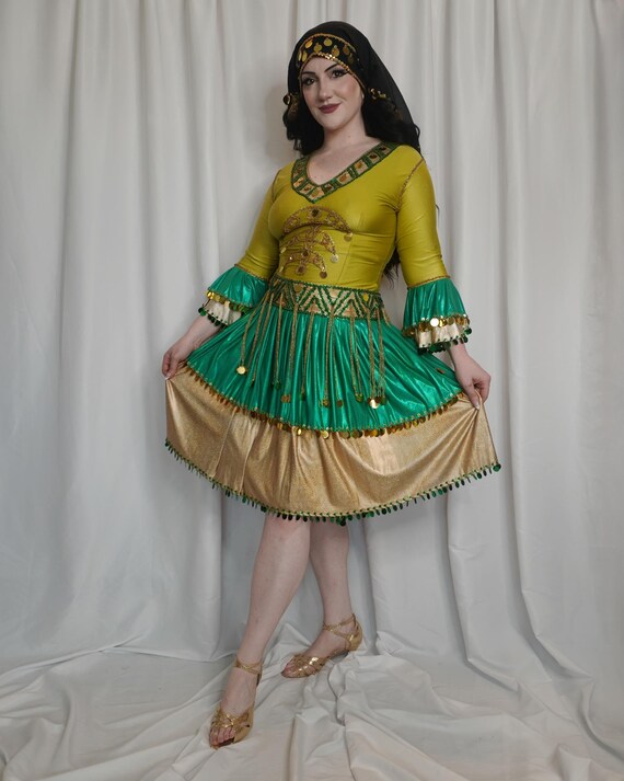 green egyptian dress One of the Kind Folkloric Handmade Stretch One Size Fits M - L Made in Egypt fantasy green goddess dress