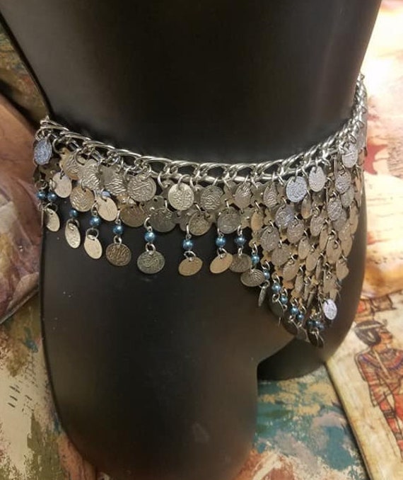 Egyptian Silver Coin Belt with Crescent Pendants and Chain Drapes