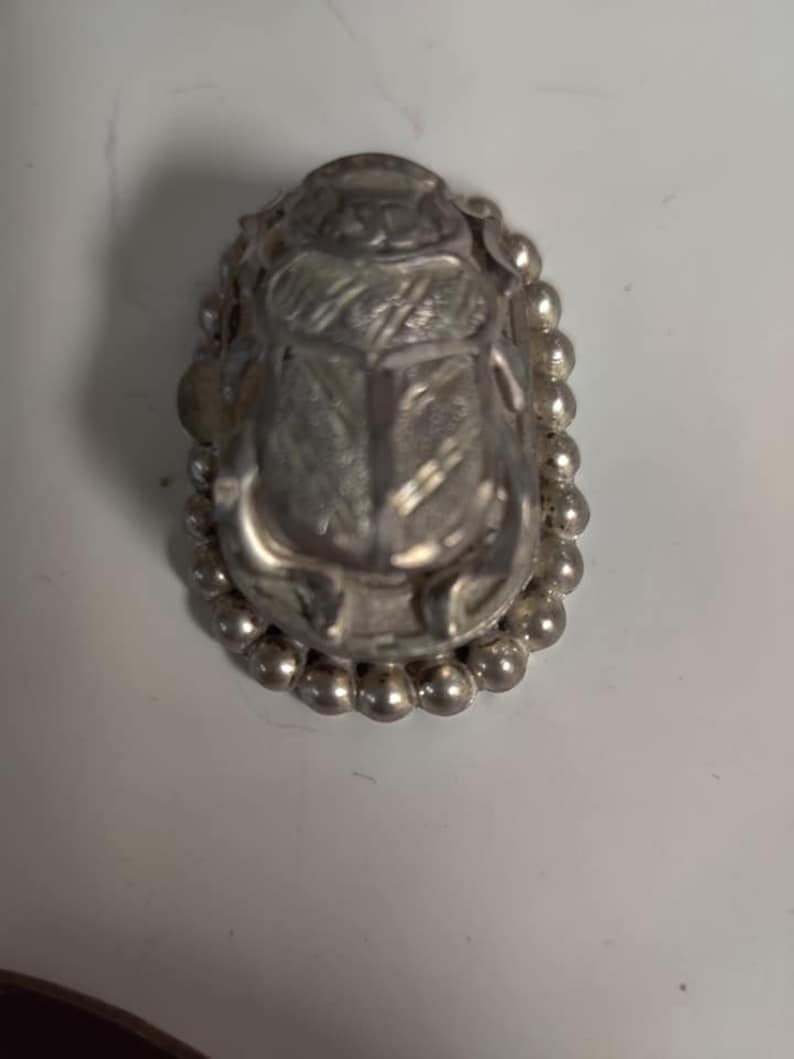 May include: A silver scarab beetle charm with a beaded border. The beetle is detailed with intricate lines and a raised design.