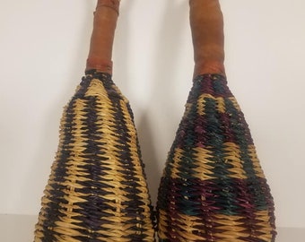 2 Hand Made Seed Woven Caxixi (Multi Colored) African Shaker