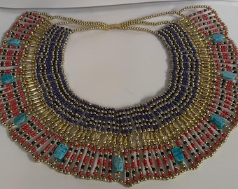 Unique Egyptian Hand Made Beaded  Queen Cleopatra Scarab Necklace Made in Egypt