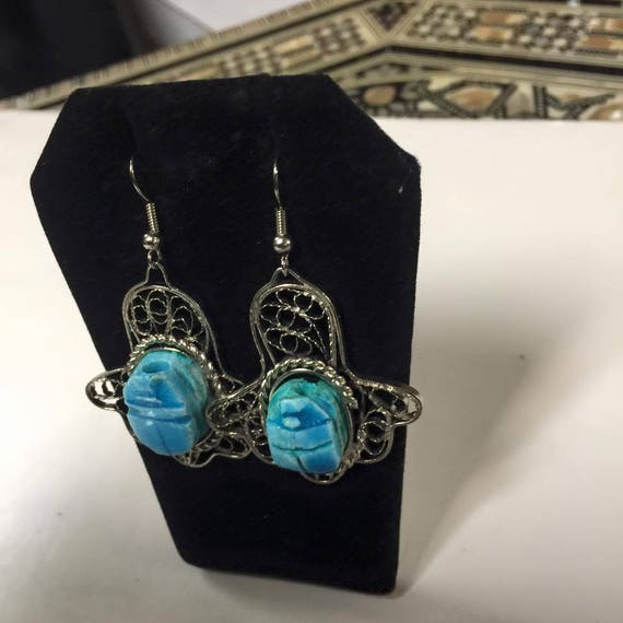 Vintage  Egyptian Scarab  Silver Plated  Earring … - image 1