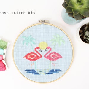 Miami Flamingos - Modern Counted Cross Stitch kit - Easy DIY Cross stitch Kit