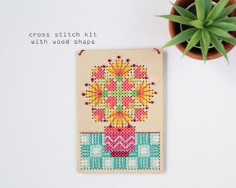 Still Life Yellow - Modern DIY Cross Stitch Kit - Wood Disk Cross Stitch Kit