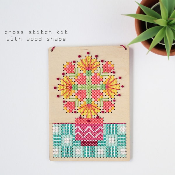 Still Life Yellow - Modern DIY Cross Stitch Kit - Wood Disk Cross Stitch Kit