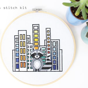 Raccoon in the City - Modern Counted Cross stitch Kit- Easy DIY cross stitch kit