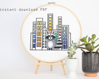Raccoon in the City - Modern counted cross stitch pattern - instant download pdf