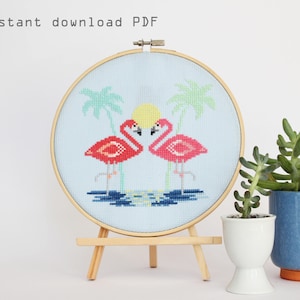 Miami Pink Flamingos Pattern - Modern counted cross stitch  - Instant Download PDF