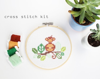 Mini Monkey - Modern Kids Counted Cross Stitch Kit - Easy Beginner Level Cross Stitch Kit