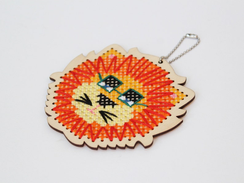 Cross stitch kit with wood shape Kids cross stitch kit Leo Lion