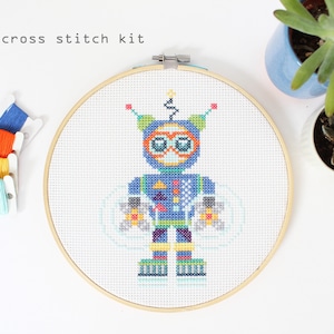 Aqua Bot Modern Beginner DIY cross stitch kit Robot cross stitch pattern Kids cross stitch kit image 1