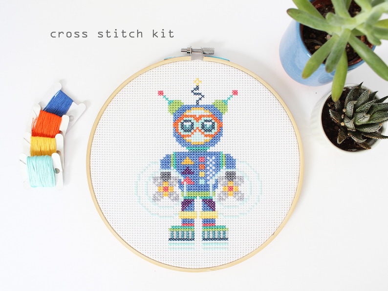 Aqua Bot Modern Beginner DIY cross stitch kit Robot cross stitch pattern Kids cross stitch kit image 1