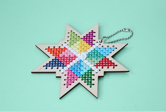 Holiday Star Easy DIY Cross Stitch Ornament Kit With Wood Disk