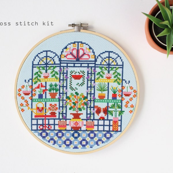 Glorias Greenhouse - Modern Counted Cross stitch kit - Easy DIY cross stitch kit