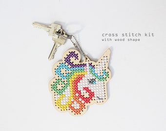 Unicorn - cross stitch kit with wood shape - Beginners cross stitch kit