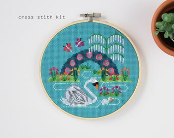 Springtime Swans  - Modern counted cross stitch kit - Beginners cross stitch kit