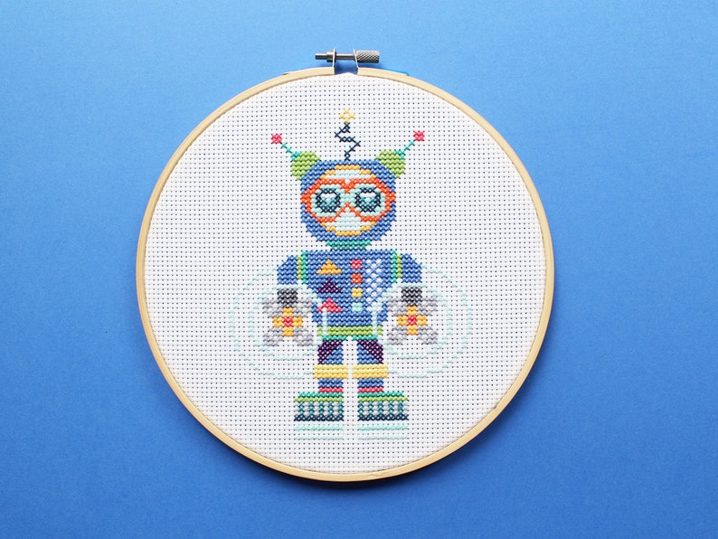 Aqua Bot Modern Beginner DIY cross stitch kit Robot cross stitch pattern Kids cross stitch kit image 4