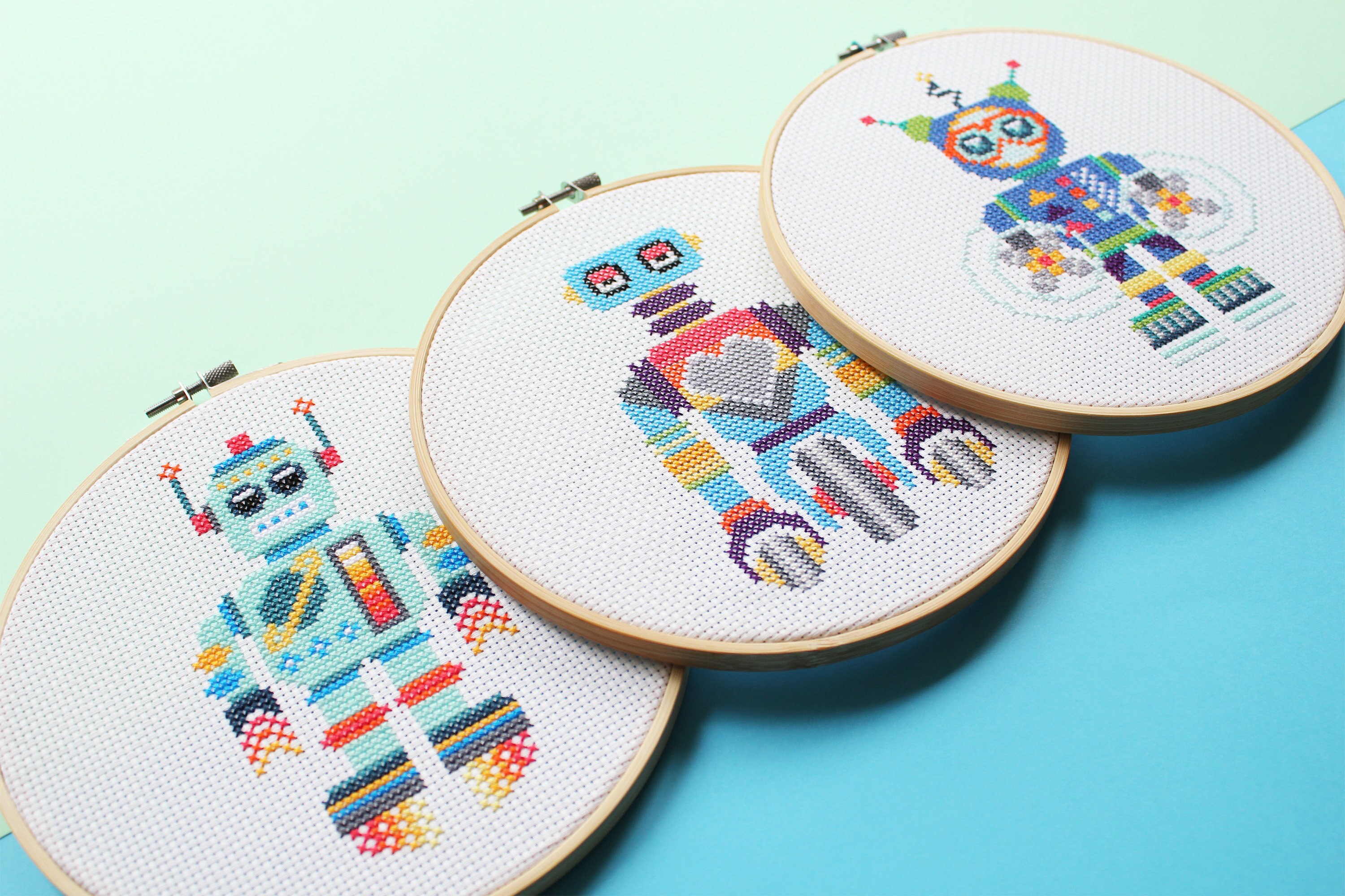 Wheelie Bot Modern counted cross stitch kit Easy Beginner Etsy