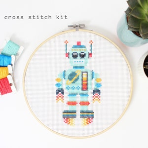 Space Bot - Easy Beginner cross stitch kit - Robot cross stitch pattern - Kids cross stitch kit