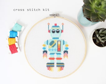 Space Bot - Easy Beginner cross stitch kit - Robot cross stitch pattern - Kids cross stitch kit