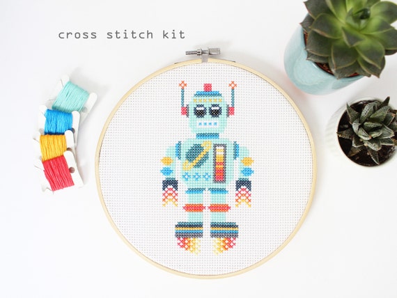 Space Bot Easy Beginner Cross Stitch Kit Robot Cross Stitch Pattern Kids  Cross Stitch Kit 