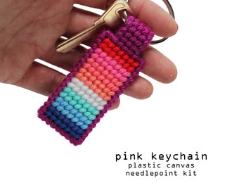 Pink Keychain - Plastic canvas needlepoint kit - beginner kit