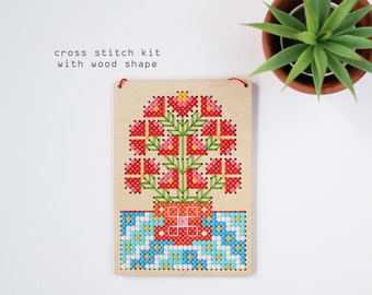 Still Life Red - Modern DIY Cross Stitch Kit - Wood Disk Cross Stitch Kit