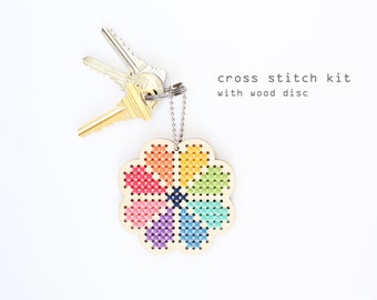 Flower Power - Cross stitch kit with wood disk - Beginners Cross stitch kit - Kids cross stitch kit