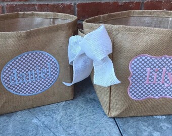 Burlap Basket, Personalized Basket, Burlap Gift Basket, Nursery Decor